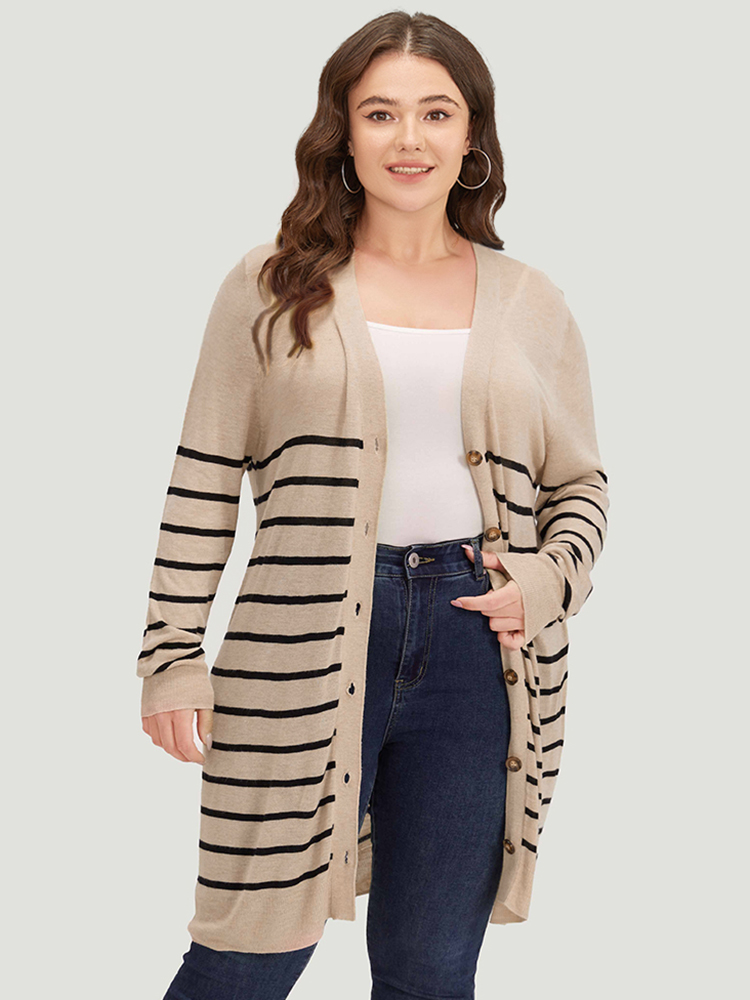 

Plus Size Supersoft Essentials Striped Button Fly Tunic Cardigan Champagne Women Casual Loose Long Sleeve Dailywear Cardigans BloomChic