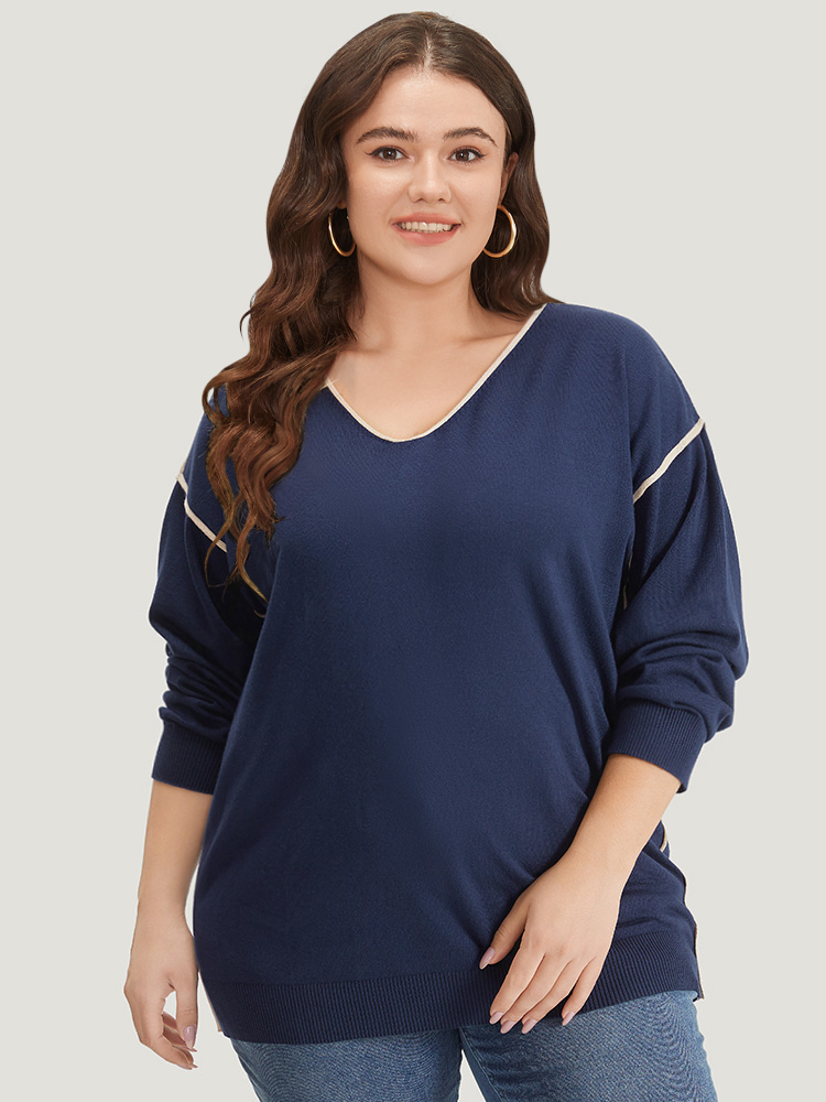 

Plus Size Supersoft Essentials Contrast Trim Drop Shoulder Pullover Navy Women Casual Loose Long Sleeve V-neck Dailywear Pullovers BloomChic