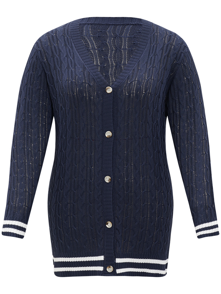 

Plus Size Cable Knit Striped Patchwork Button Through Cardigan Indigo Women Casual Loose Long Sleeve Dailywear Cardigans BloomChic