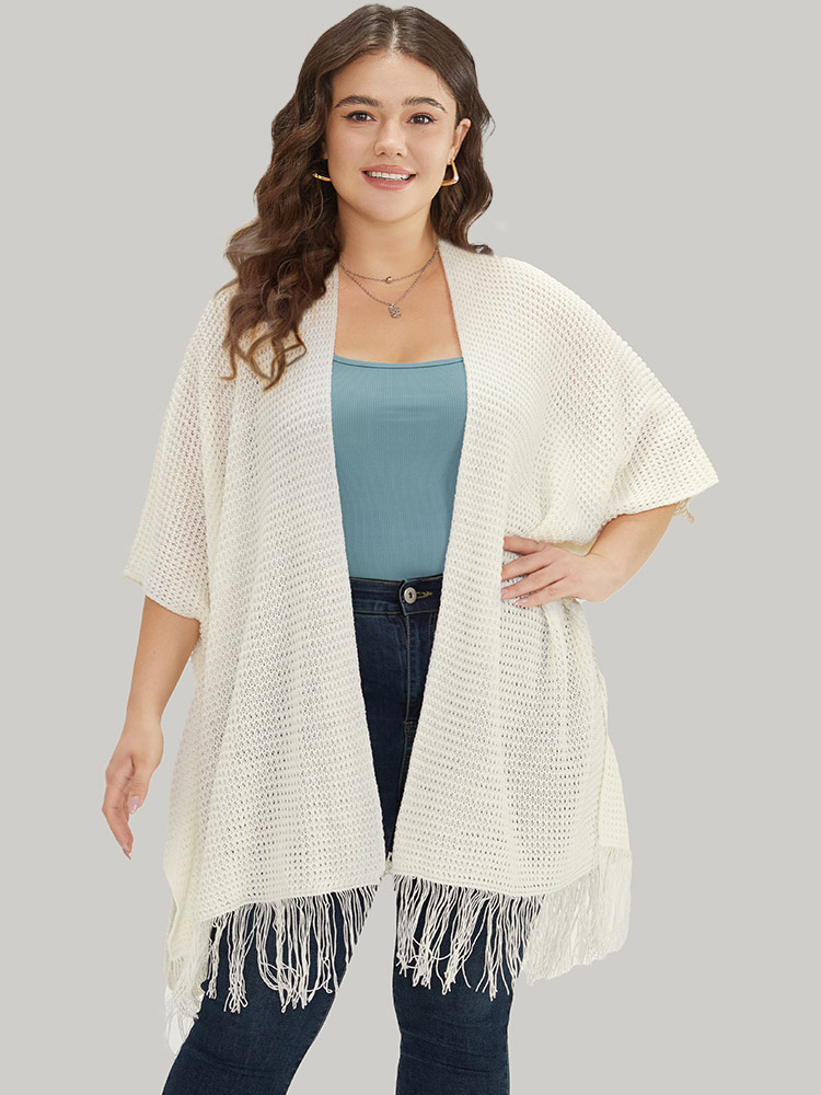 

Plus Size Solid Tassels Trim Geo Eyelet Cardigan Ivory Women Casual Loose Half Sleeve Everyday Cardigans BloomChic