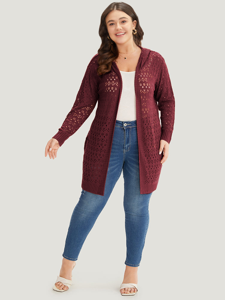 

Plus Size Plain Geometric Eyelet Hooded Tunic Cardigan Burgundy Women Casual Loose Long Sleeve Everyday Cardigans BloomChic