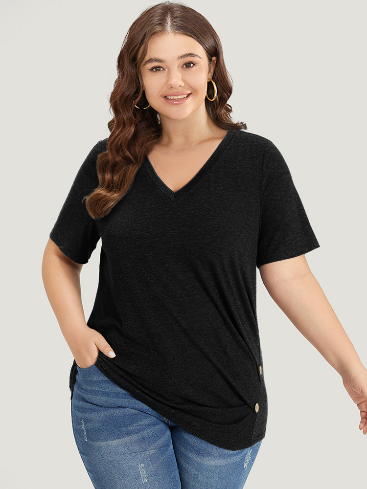 

Plus Size Heather Plicated Detail V Neck Button Detail T-shirt Black Women Casual Plain Plain V-neck Dailywear T-shirts BloomChic