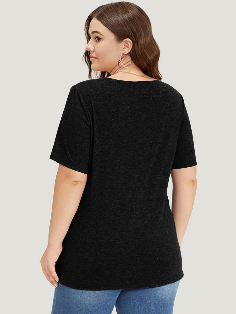 

Plus Size Heather Plicated Detail V Neck Button Detail T-shirt Black Women Casual Plain Plain V-neck Dailywear T-shirts BloomChic