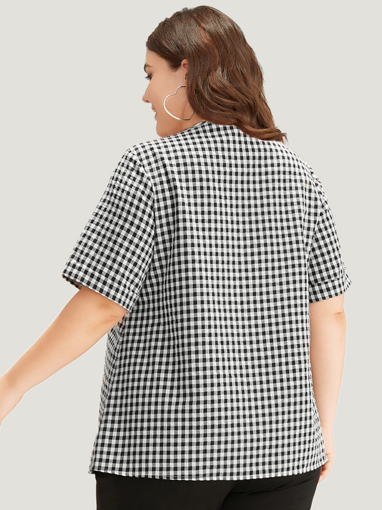 Plus Size Women Work Gingham Button Regular Sleeve Short sleeve V-neck Office Blouses BloomChic 