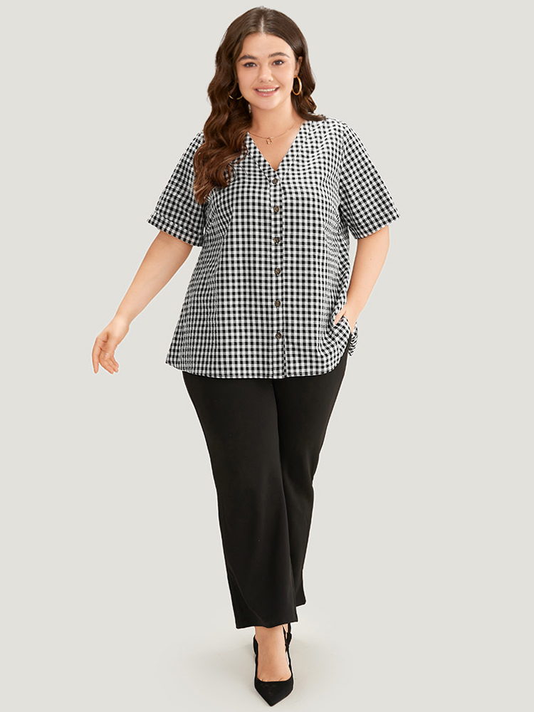 Plus Size Women Work Gingham Button Regular Sleeve Short sleeve V-neck Office Blouses BloomChic 