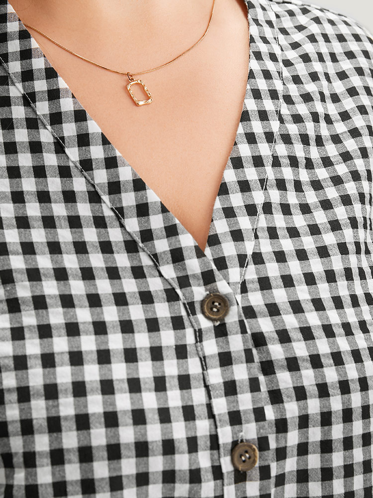 Plus Size Women Work Gingham Button Regular Sleeve Short sleeve V-neck Office Blouses BloomChic 