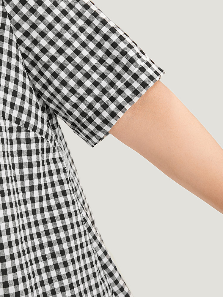 Plus Size Women Work Gingham Button Regular Sleeve Short sleeve V-neck Office Blouses BloomChic 