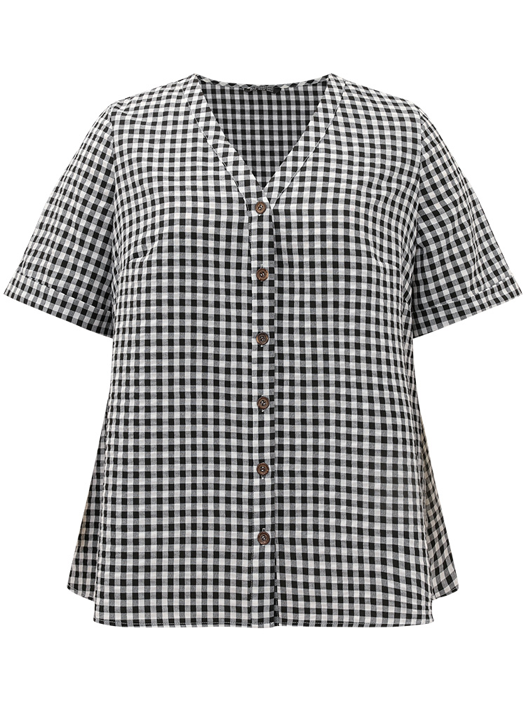 Plus Size Women Work Gingham Button Regular Sleeve Short sleeve V-neck Office Blouses BloomChic 