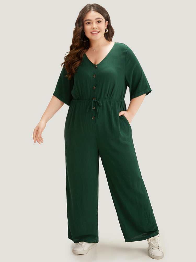 

Plus Size Cyan Plain Textured V Neck Pocket Button Through Drawstring Jumpsuit Women Casual Half Sleeve V-neck Dailywear Loose Jumpsuits BloomChic