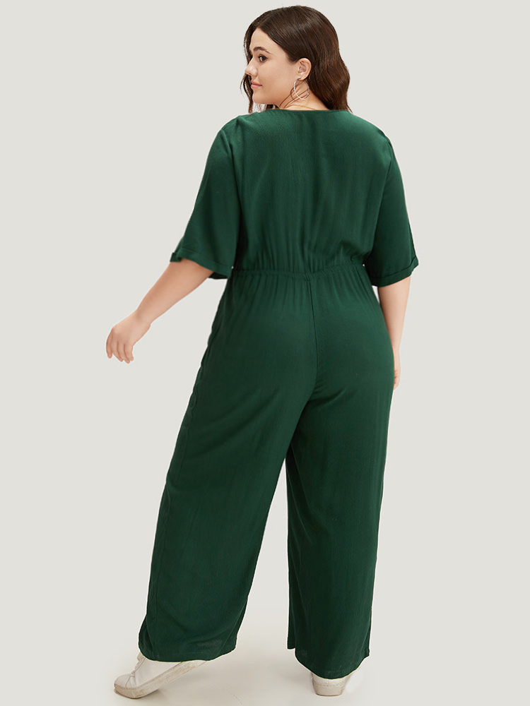 

Plus Size Cyan Plain Textured V Neck Pocket Button Through Drawstring Jumpsuit Women Casual Half Sleeve V-neck Dailywear Loose Jumpsuits BloomChic