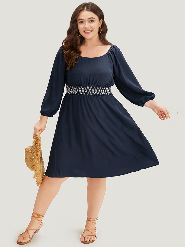 

Plus Size Bandana Shirred Square Neck Lantern Sleeve Dress DarkBlue Women Vacation Elastic cuffs Square Neck Long Sleeve Curvy Midi Dress BloomChic