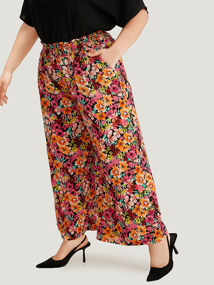 

Floral Print Shirred Pocket Wide Leg Woven Pants, Multicolor