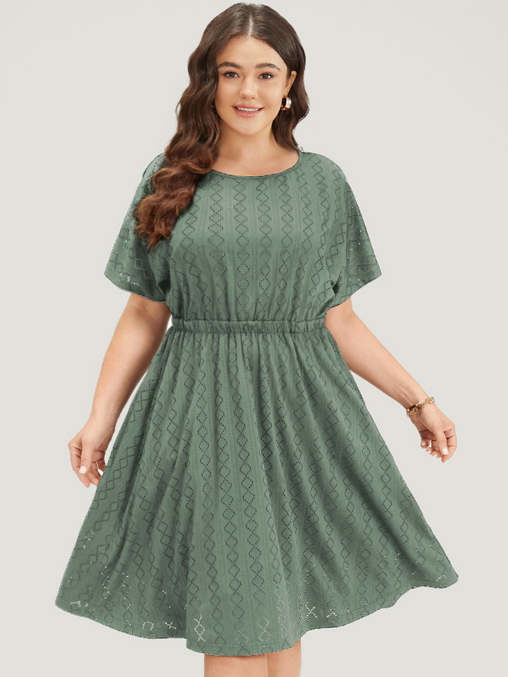 

Plus Size Plain Geo Eyelet Batwing Sleeve Elastic Waist Dress Mint Women Casual Texture Round Neck Short sleeve Curvy Midi Dress BloomChic