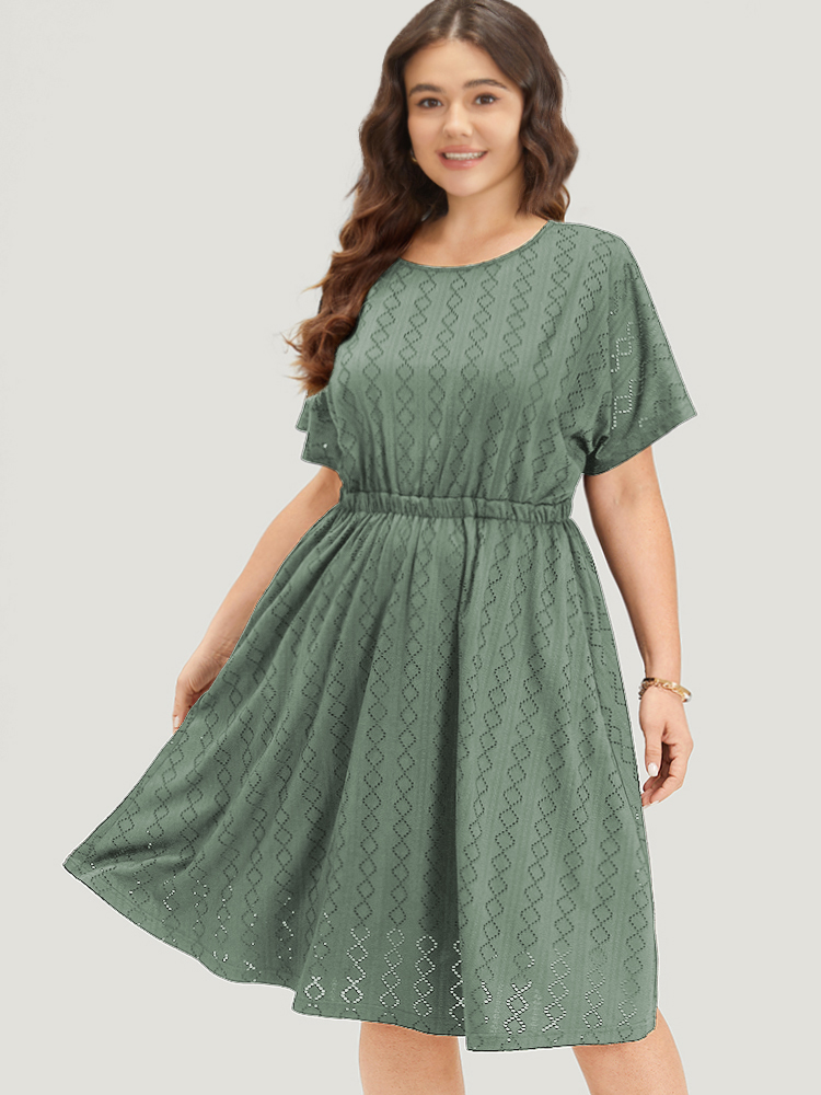 

Plus Size Plain Geo Eyelet Batwing Sleeve Elastic Waist Dress Mint Women Casual Texture Round Neck Short sleeve Curvy Midi Dress BloomChic