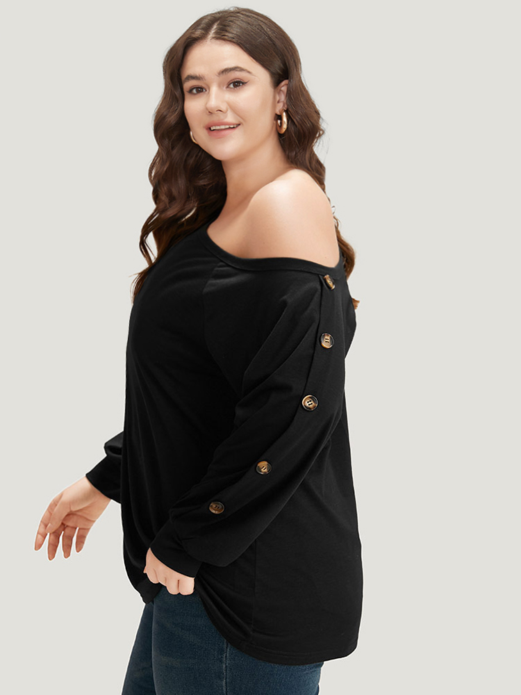 

Plus Size Plain One Shoulder Button Detail Elastic Cuffs T-shirt Black Women Elegant Elastic cuffs Plain One Shoulder Dailywear T-shirts BloomChic