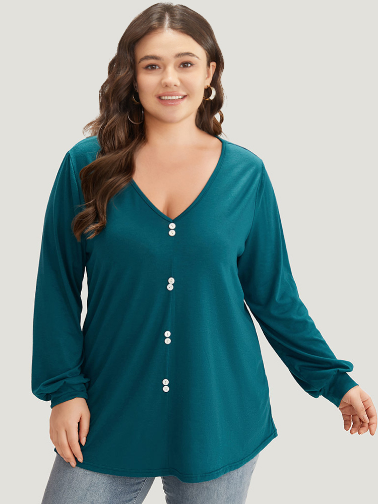 

Plus Size Plain Button Detail V Neck Elastic Cuffs T-shirt Cyan Women Casual Elastic cuffs Plain V-neck Dailywear T-shirts BloomChic