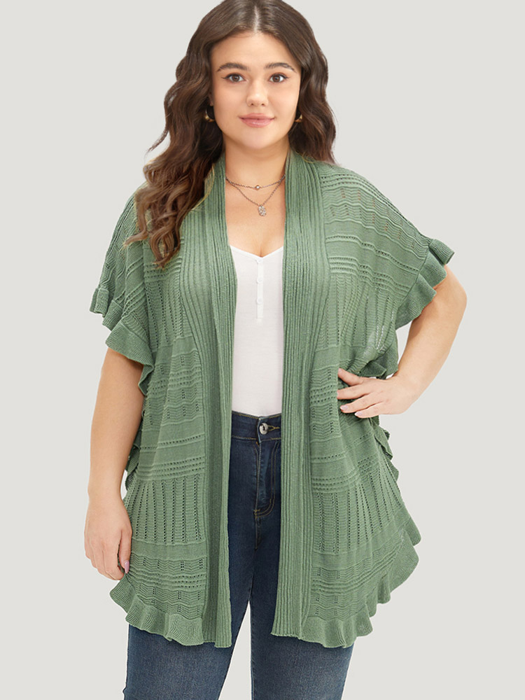 

Plus Size Anti-Pilling Plain Ruffles Split Hem Dolman Sleeve Cardigan Green Women Casual Loose Short sleeve Everyday Cardigans BloomChic