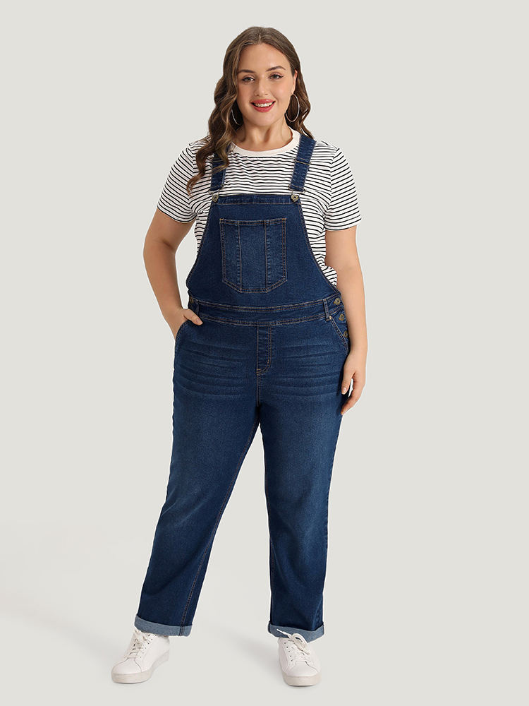 

Plus Size Solid Adjustable Straps Pocket Roll Hem Denim Overalls DarkBlue Women Plain Adjustable Straps High stretch Everyday Pocket Casual Denim Jumpsuits BloomChic