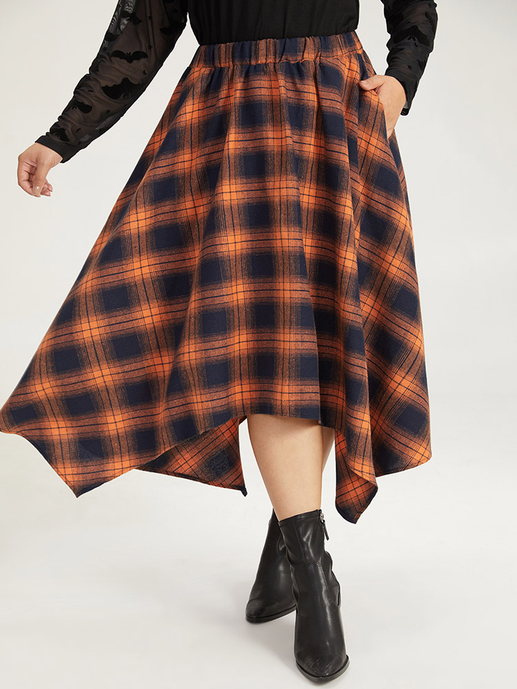 

Halloween Plaid Pocket Hanky Hem Woven Skirt, Orange