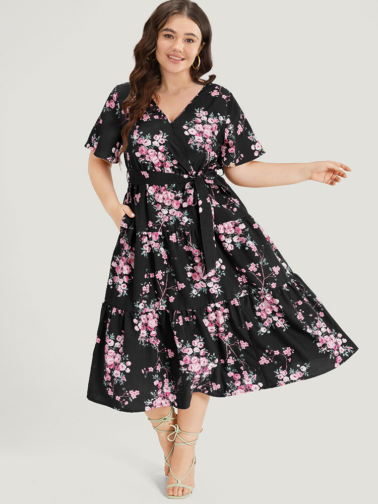 

Plus Size Floral Print Wrap Belted Pocket Ruffle Hem Dress Black Women Elegant Lined V-neck Short sleeve Curvy Midi Dress BloomChic