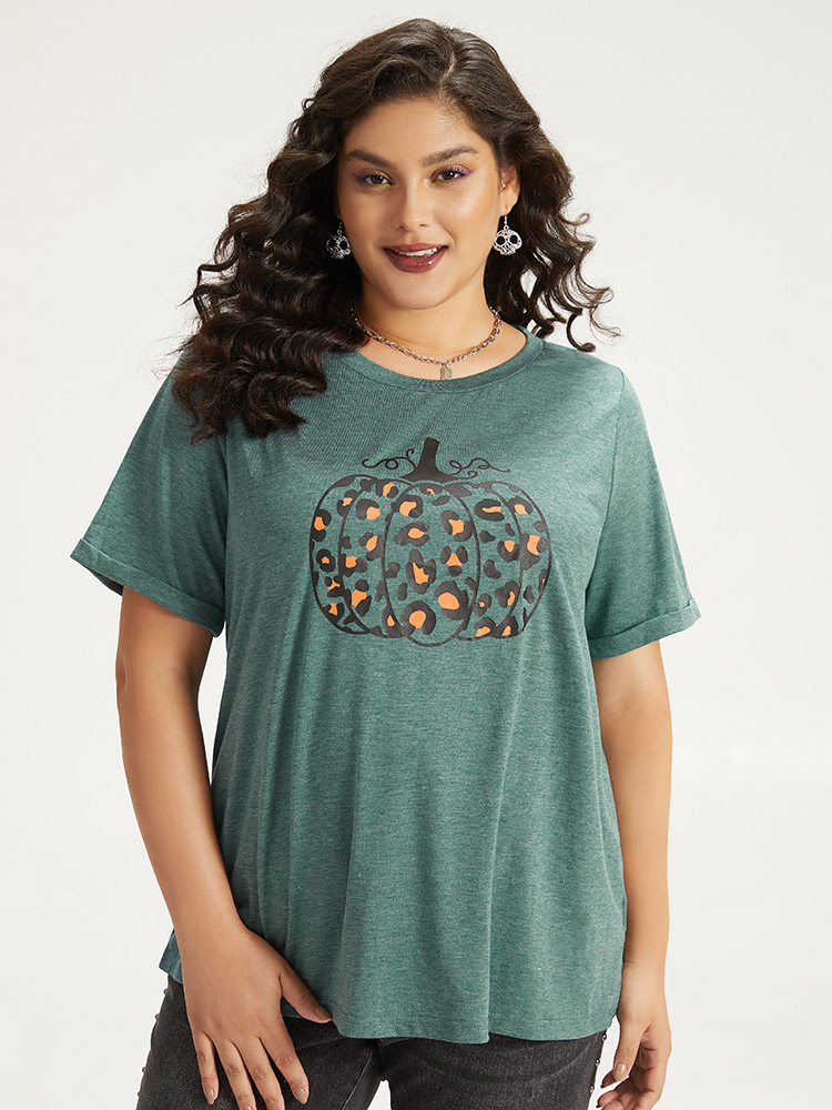 

Plus Size Halloween Pumpkin Print Crew Neck T-shirt DarkGreen Women Casual Printed Halloween Dailywear T-shirts BloomChic