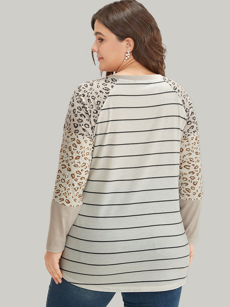 Plus Size Women Dailywear Leopard Patchwork Raglan sleeve Long Sleeve Round Neck Casual T-shirts BloomChic 