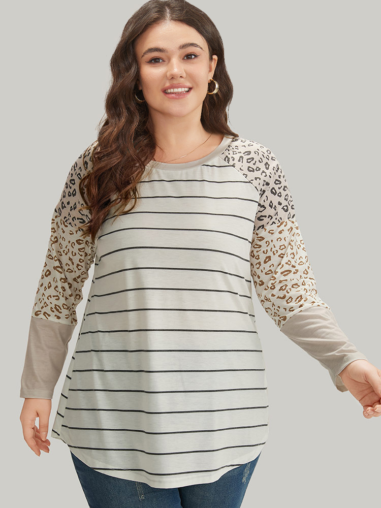 Plus Size Women Dailywear Leopard Patchwork Raglan sleeve Long Sleeve Round Neck Casual T-shirts BloomChic 