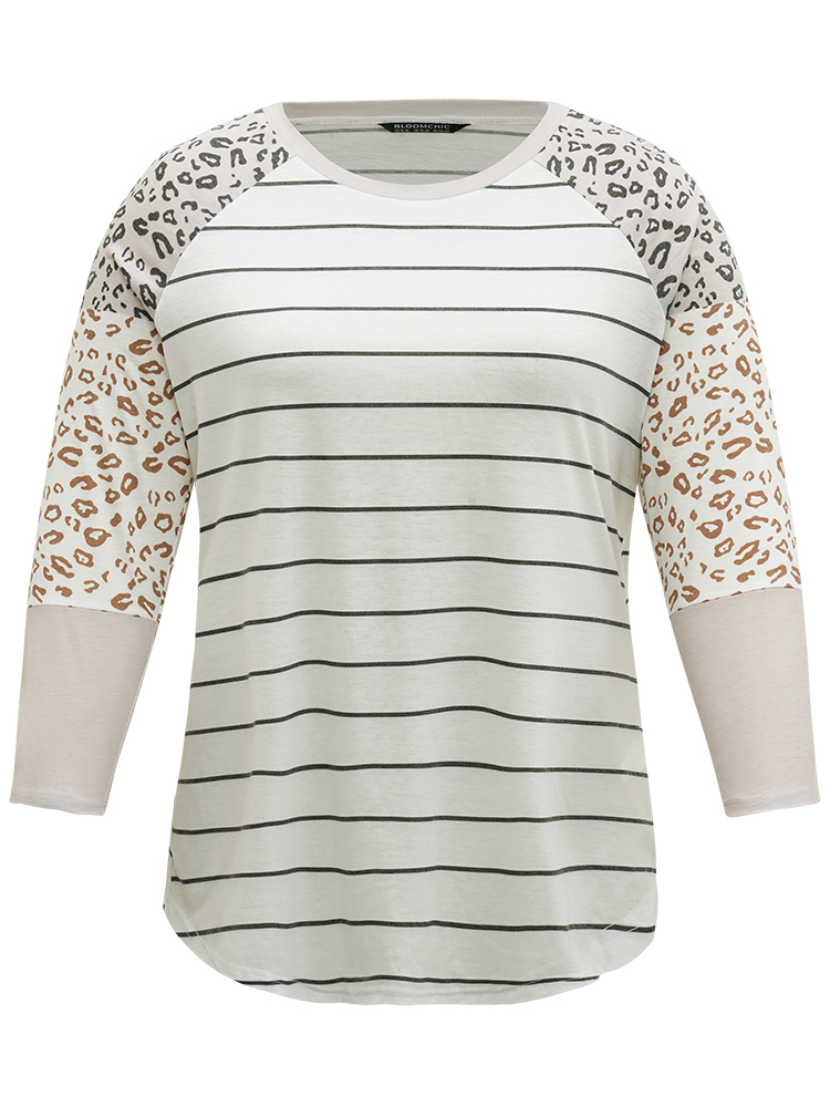 Plus Size Women Dailywear Leopard Patchwork Raglan sleeve Long Sleeve Round Neck Casual T-shirts BloomChic 