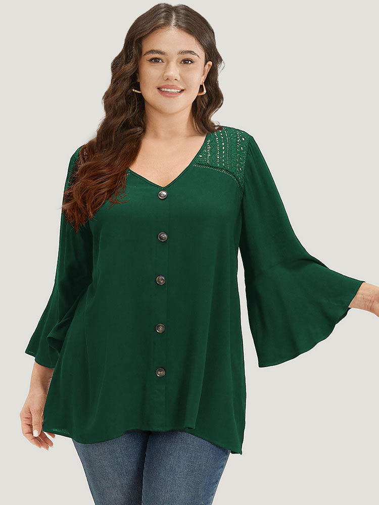 

Plus Size DarkGreen Plain Crochet Lace Button Detail Bell Sleeve Blouse Women Elegant Elbow-length sleeve V-neck Dailywear Blouses BloomChic