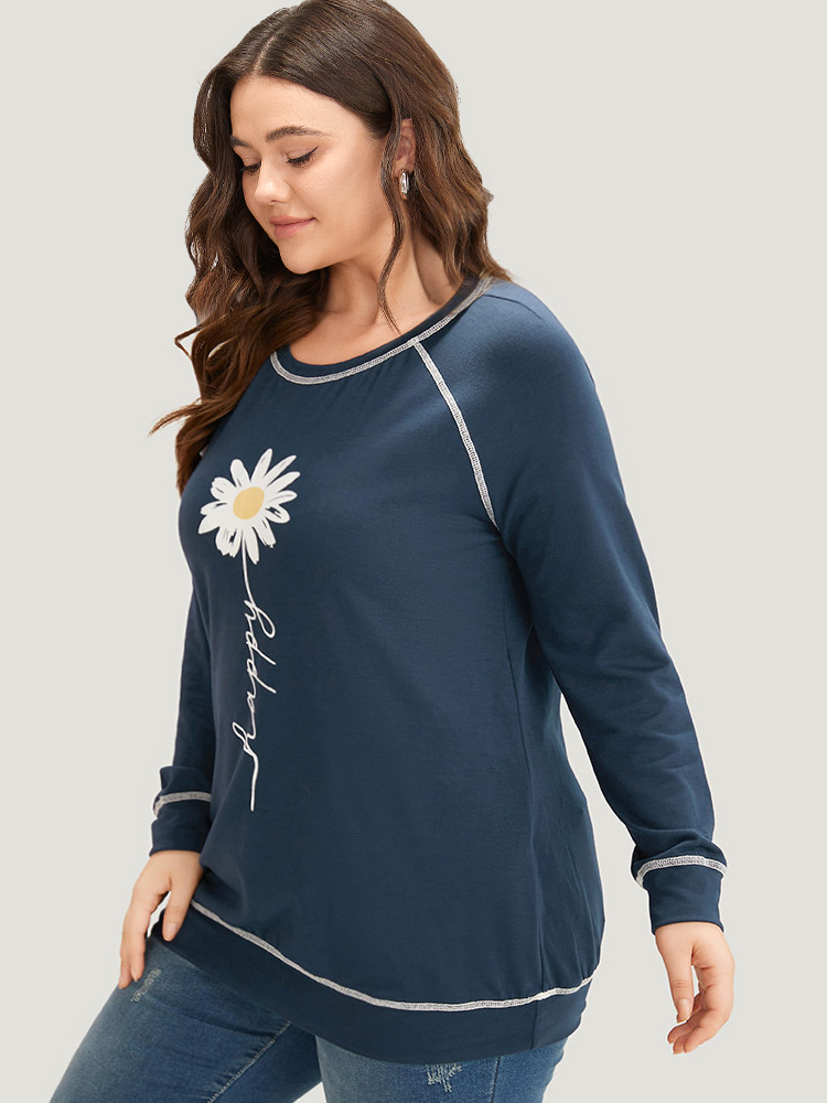 Plus Size Floral Print Stitch Crew Neck Raglan Sleeve Sweatshirt Women Indigo Casual Elastic cuffs Dailywear Sweatshirts BloomChic 12/L 