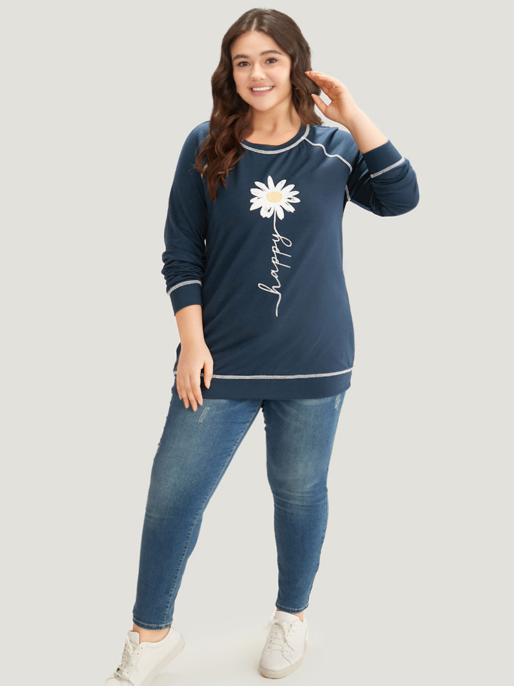 Plus Size Floral Print Stitch Crew Neck Raglan Sleeve Sweatshirt Women Indigo Casual Elastic cuffs Dailywear Sweatshirts BloomChic 12/L 
