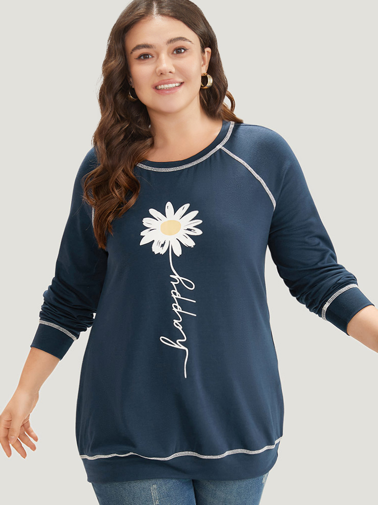 

Plus Size Floral Print Stitch Crew Neck Raglan Sleeve Sweatshirt Women Indigo Casual Elastic cuffs Dailywear Sweatshirts BloomChic