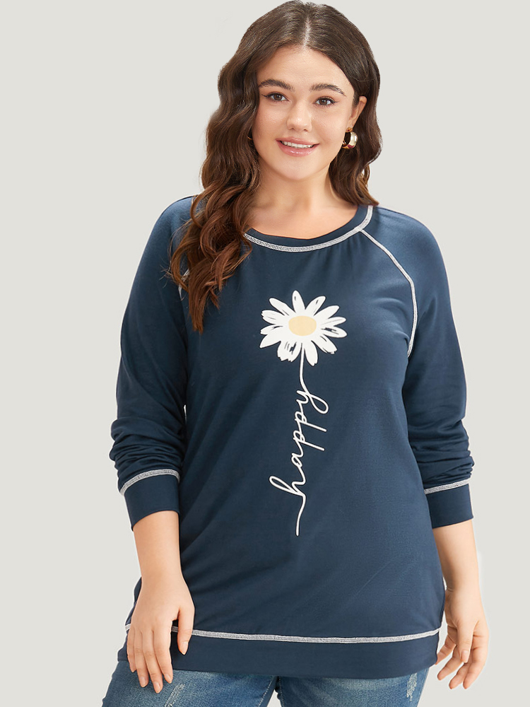 Plus Size Floral Print Stitch Crew Neck Raglan Sleeve Sweatshirt Women Indigo Casual Elastic cuffs Dailywear Sweatshirts BloomChic 12/L 