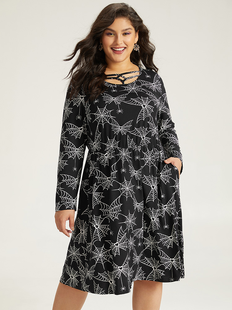 

Plus Size Halloween Print Pocket Elastic Waist Crisscross Dress Black Women Casual Printed Round Neck Long Sleeve Curvy Midi Dress BloomChic