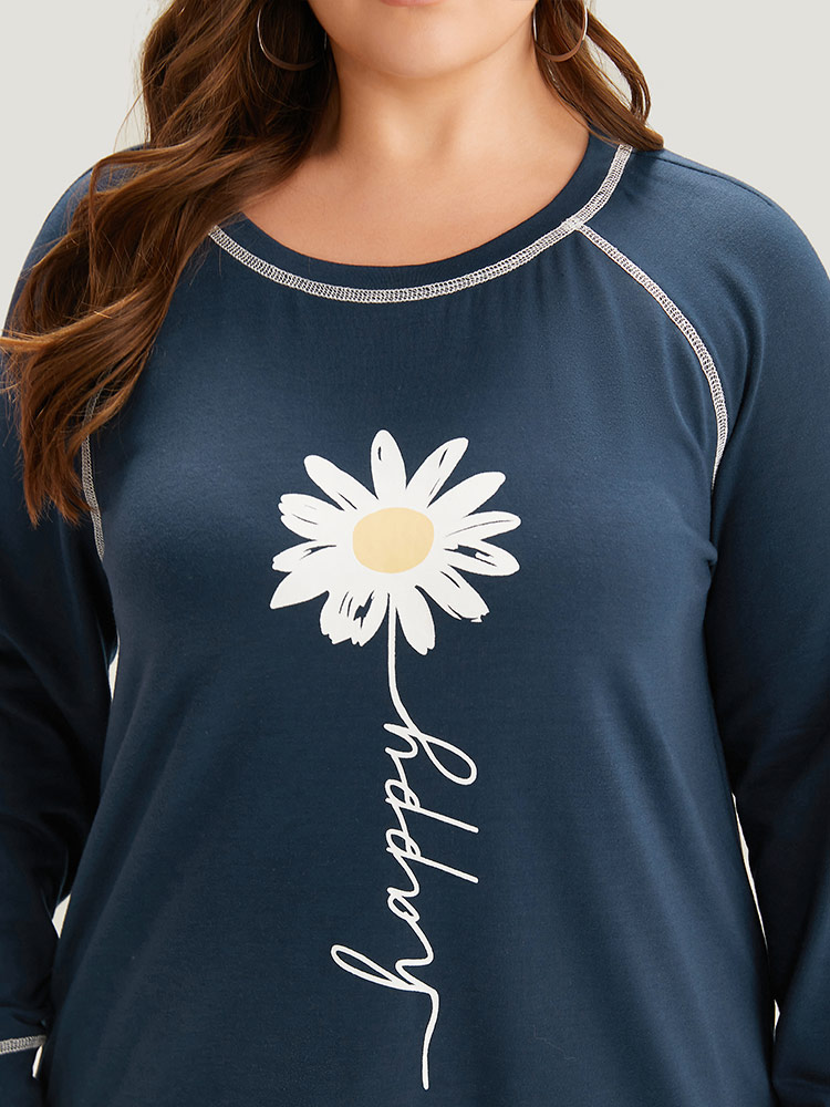 Plus Size Floral Print Stitch Crew Neck Raglan Sleeve Sweatshirt Women Indigo Casual Elastic cuffs Dailywear Sweatshirts BloomChic 12/L 