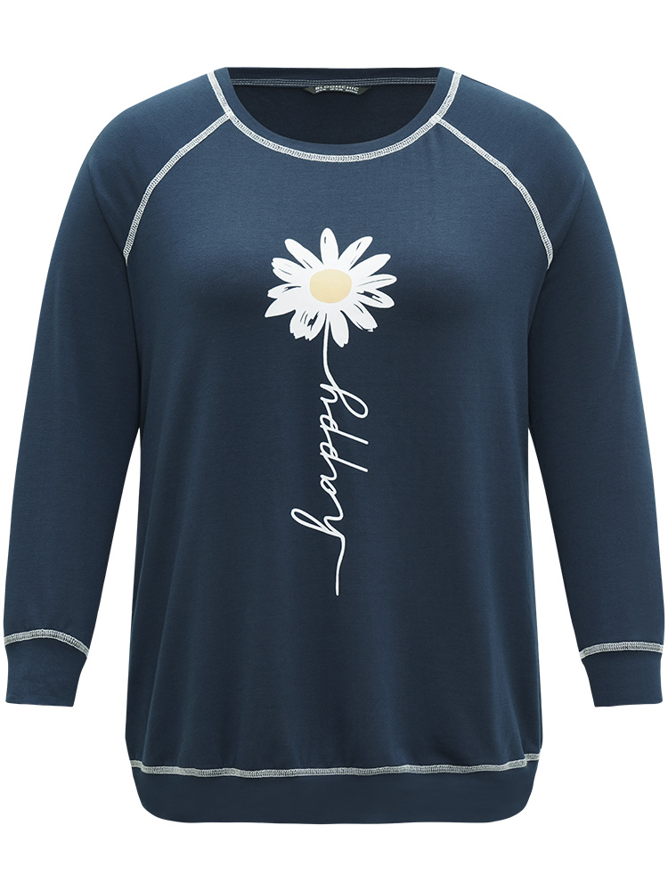 Plus Size Floral Print Stitch Crew Neck Raglan Sleeve Sweatshirt Women Indigo Casual Elastic cuffs Dailywear Sweatshirts BloomChic 12/L 