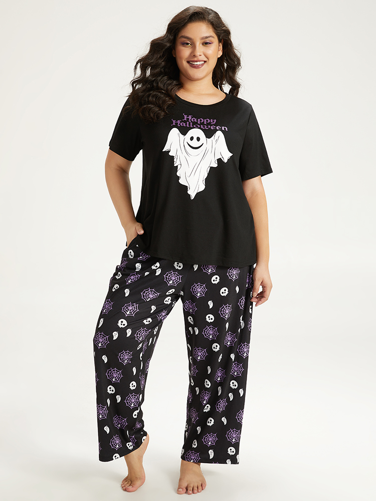 

Plus Size Halloween Ghost & Letter Print Crew Neck Sleep Top Black Halloween Short sleeve Round Neck Dailywear Casual  Bloomchic