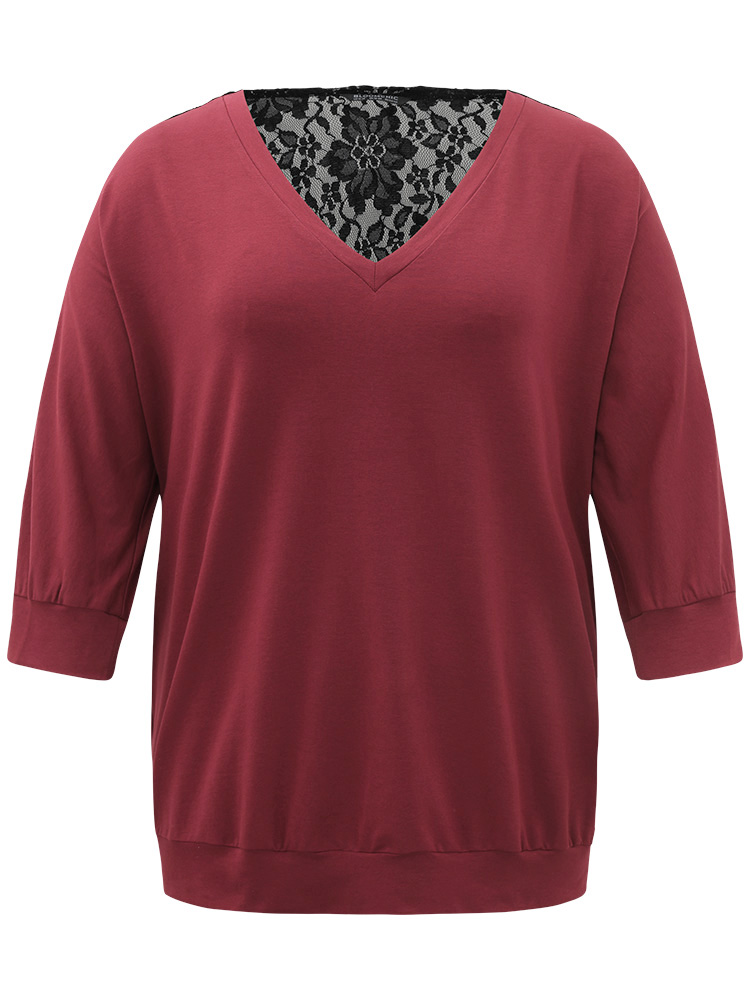 

Plus Size Plain Crochet Lace V Neck Sweatshirt Women Burgundy Elegant Patchwork V-neck Dailywear Sweatshirts BloomChic