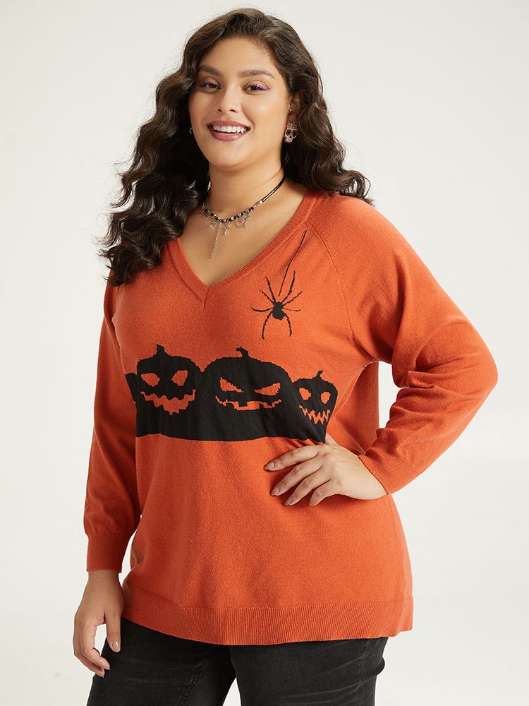 

Plus Size Halloween Graphic Pumpkin V Neck Pullover OrangeRed Women Casual Loose Long Sleeve V-neck Dailywear Pullovers BloomChic