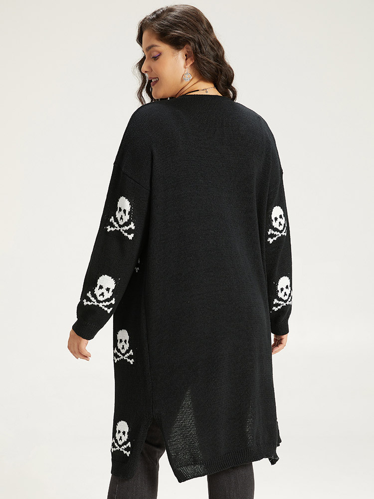 

Plus Size Halloween Skull Print Split Side Drop Shoulder Maxi Cardigan Black Women Casual Loose Long Sleeve Festival-Halloween Cardigans BloomChic