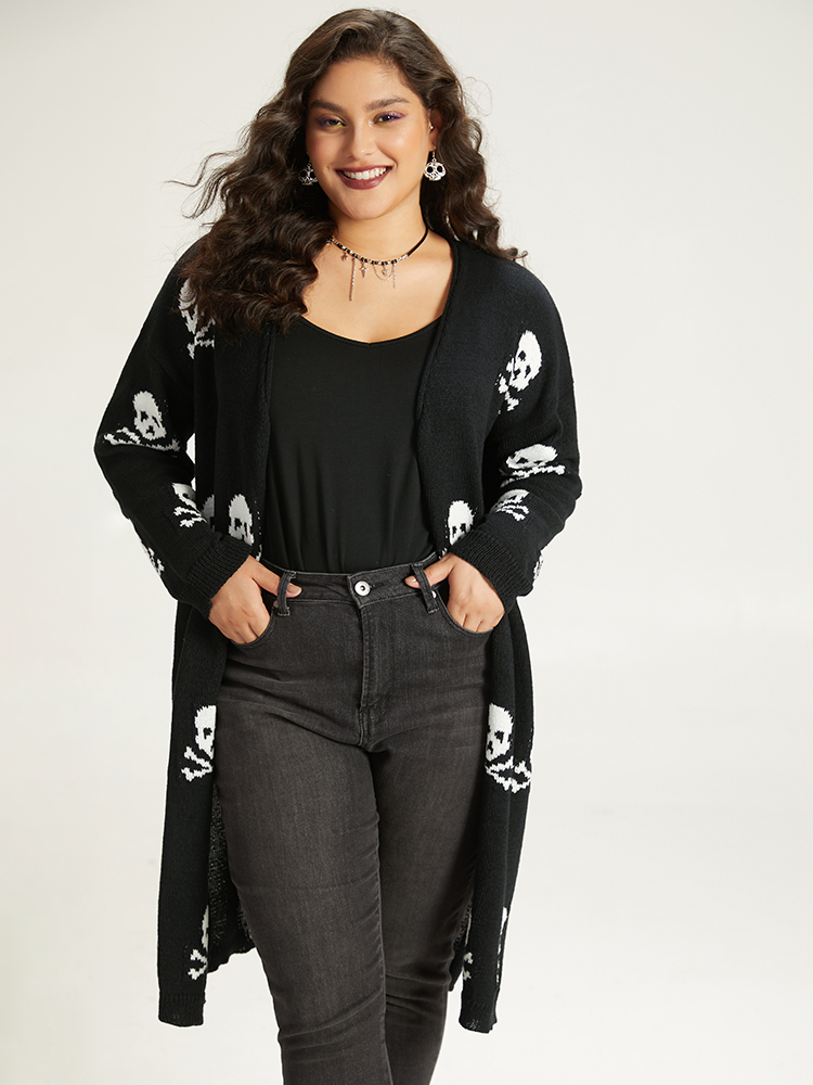Cardigans | Halloween Skull Print Split Side Drop Shoulder Maxi Cardigan | BloomChic 