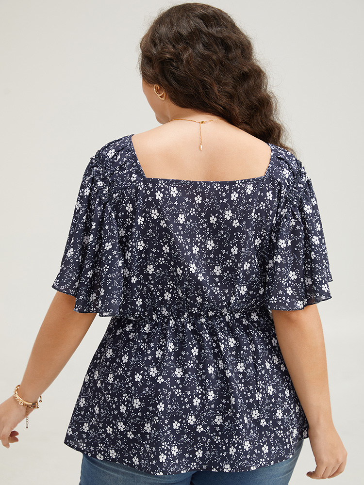 Plus Size Indigo Ditsy Floral Flutter Sleeve Ruched Blouse Women Elegant Short sleeve V-neck Dailywear Blouses BloomChic 18-20/2X 