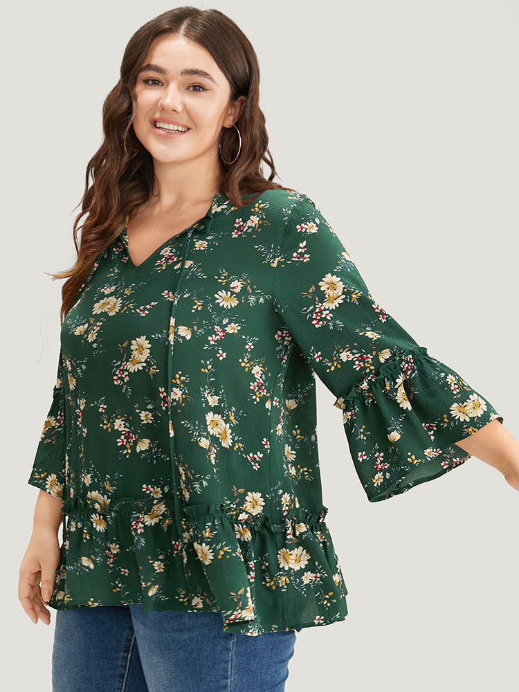 Plus Size Women Dailywear Ditsy Floral Ruffles Ruffle Sleeve Elbow-length sleeve Tie Neck Elegant Blouses BloomChic 