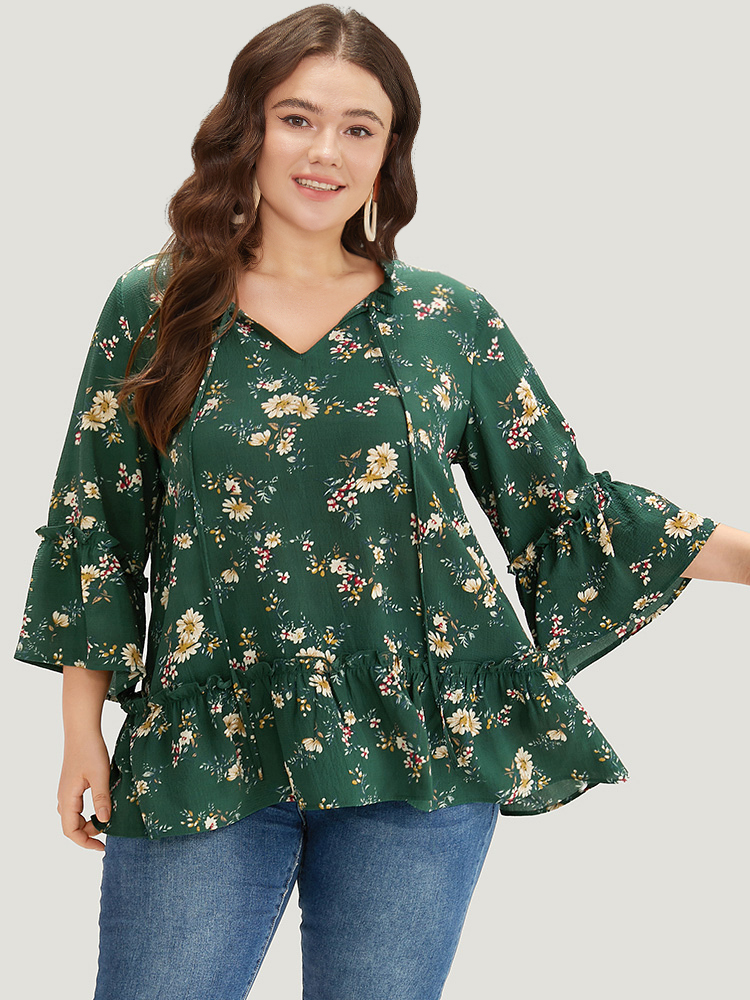 Plus Size Women Dailywear Ditsy Floral Ruffles Ruffle Sleeve Elbow-length sleeve Tie Neck Elegant Blouses BloomChic 