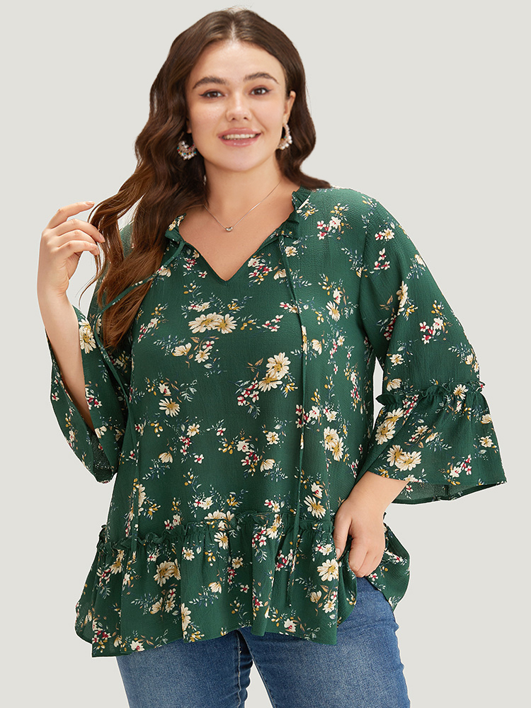 Plus Size Women Dailywear Ditsy Floral Ruffles Ruffle Sleeve Elbow-length sleeve Tie Neck Elegant Blouses BloomChic 