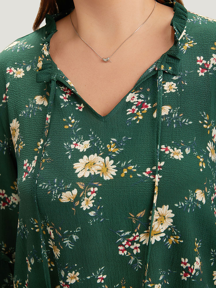 Plus Size Women Dailywear Ditsy Floral Ruffles Ruffle Sleeve Elbow-length sleeve Tie Neck Elegant Blouses BloomChic 