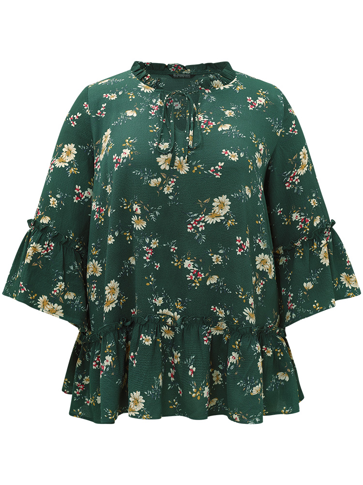 Plus Size Women Dailywear Ditsy Floral Ruffles Ruffle Sleeve Elbow-length sleeve Tie Neck Elegant Blouses BloomChic 
