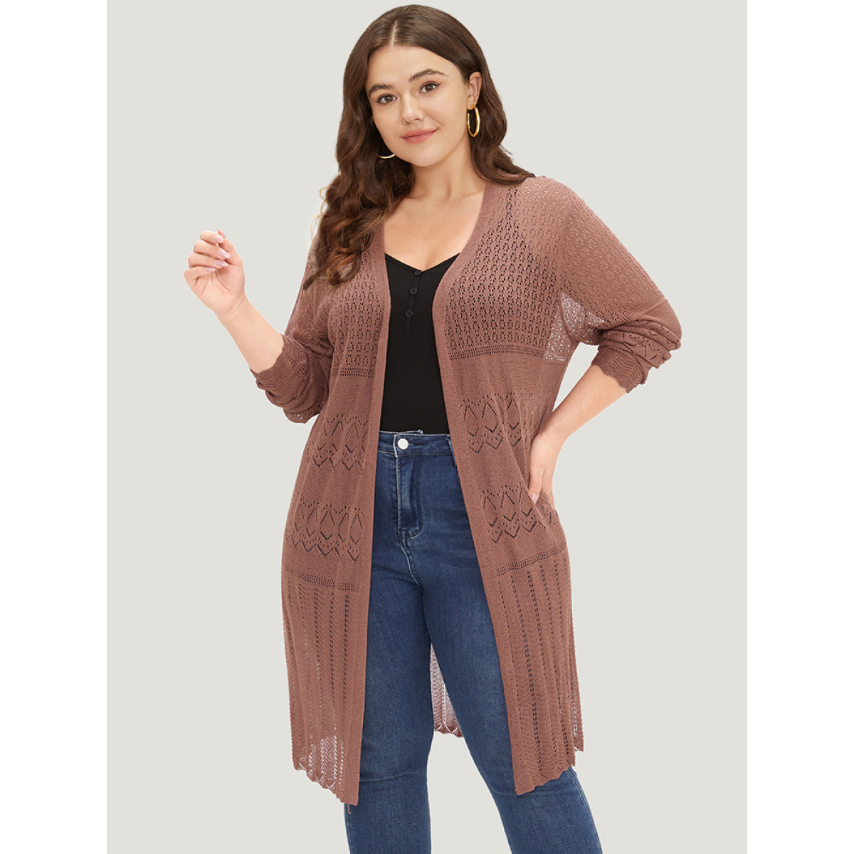 

Plus Size Geometric Eyelet Open Front Maxi Cardigan Rust Women Casual Loose Long Sleeve Everyday Cardigans BloomChic