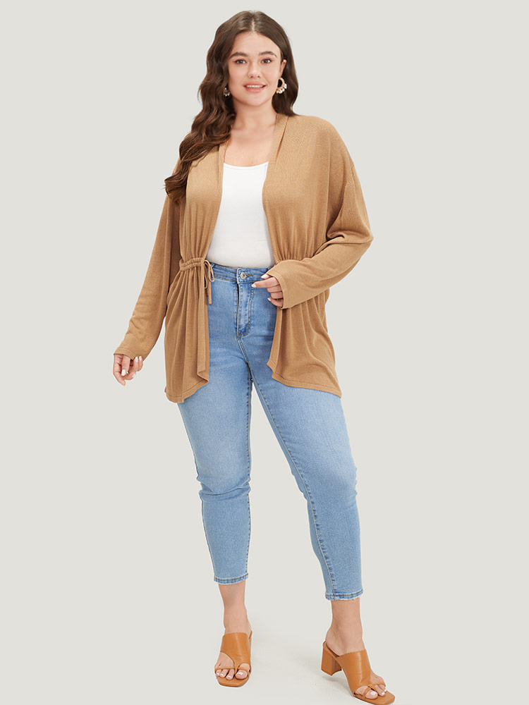 

Plus Size Plain Drawstring Bowknot Front Drop Shoulder Cardigan Tan Women Casual Loose Long Sleeve Everyday Cardigans BloomChic