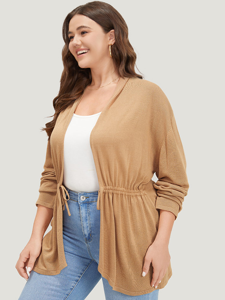 

Plus Size Plain Drawstring Bowknot Front Drop Shoulder Cardigan Tan Women Casual Loose Long Sleeve Everyday Cardigans BloomChic